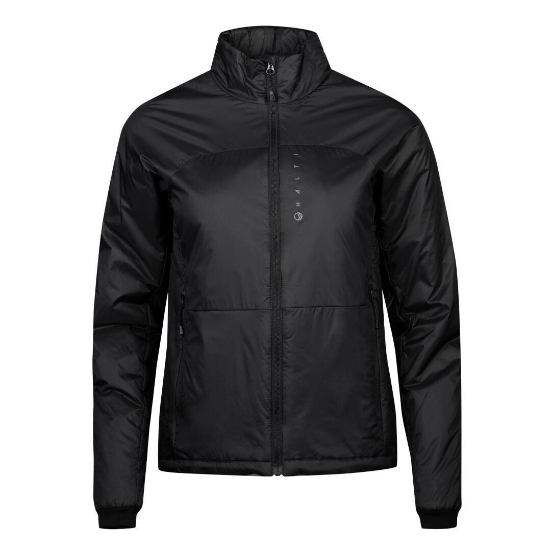 The Halti Neon Insulation Jacket Womens is a black, lightweight zip-up with PrimaLoft® fill, pockets, and a subtle logo front.
