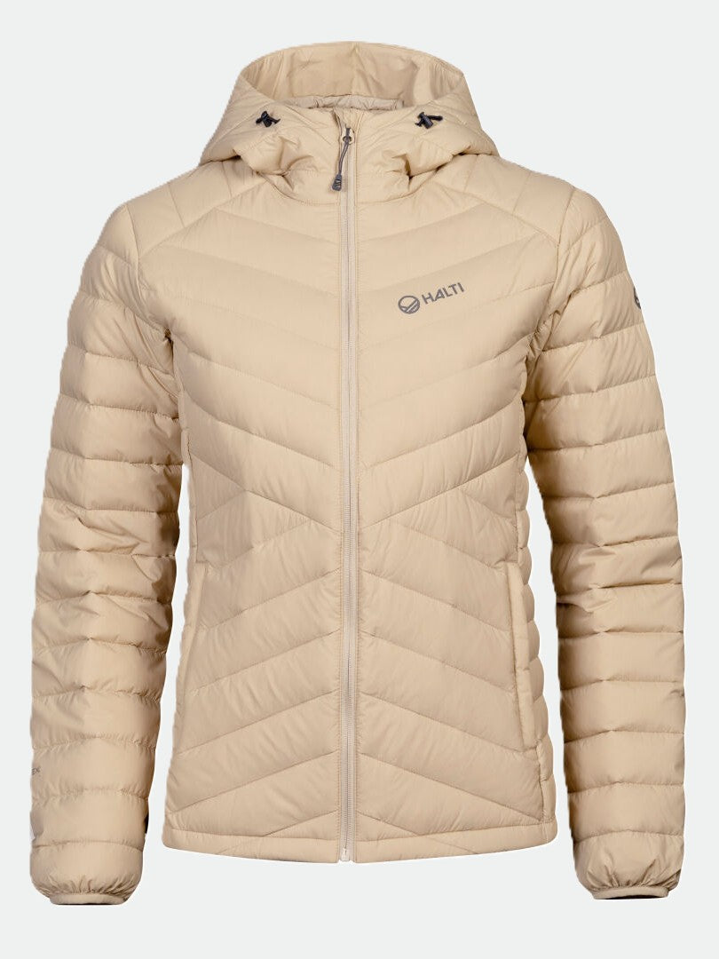 Huippu Down Jacket Women's by Halti in beige Pertex Quantum ripstop with hood, front zipper, and logo on chest.