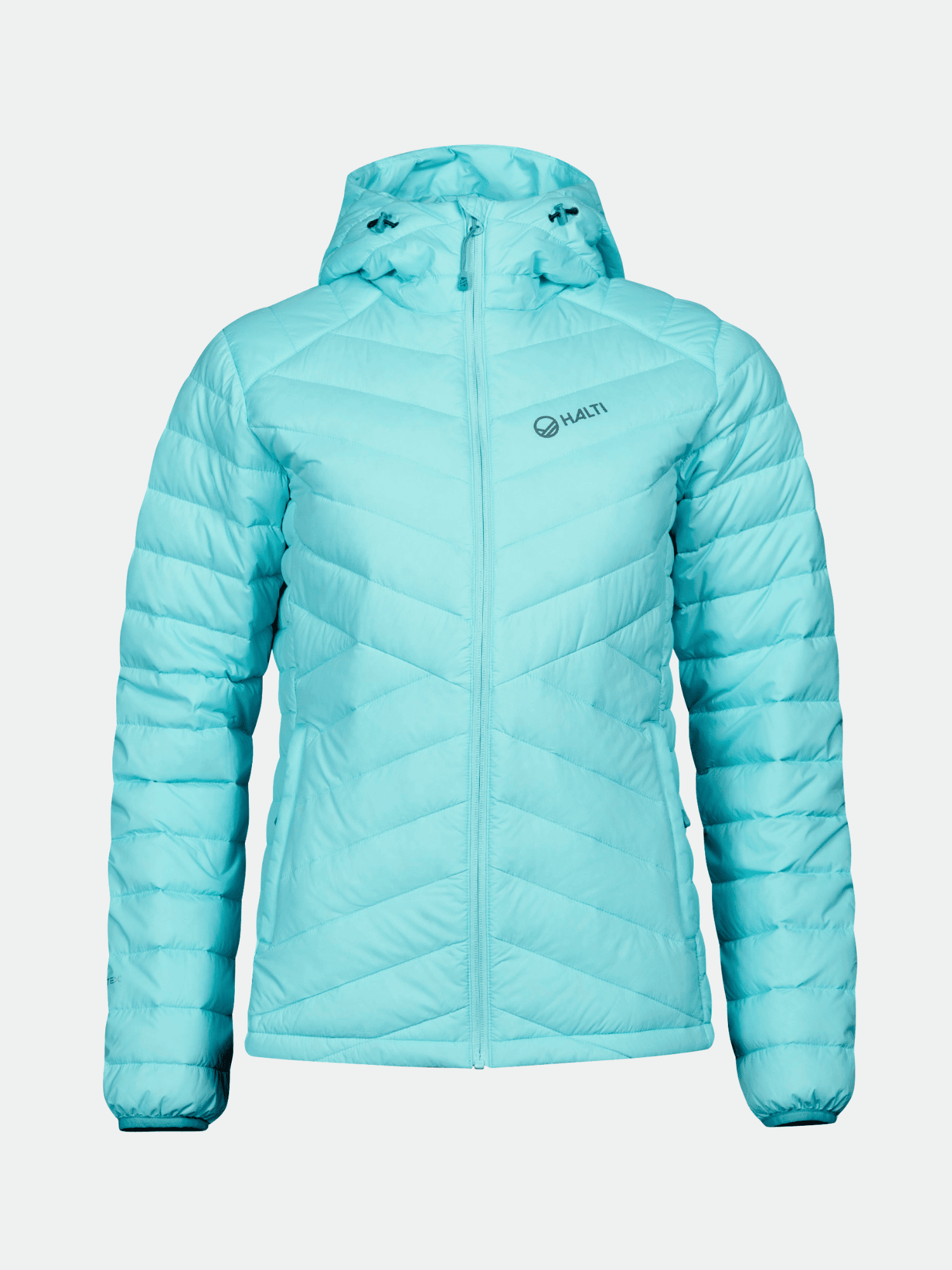 Halti Huippu Down Jacket Women's: light blue, hooded, front zip, Pertex Quantum ripstop, lightweight.