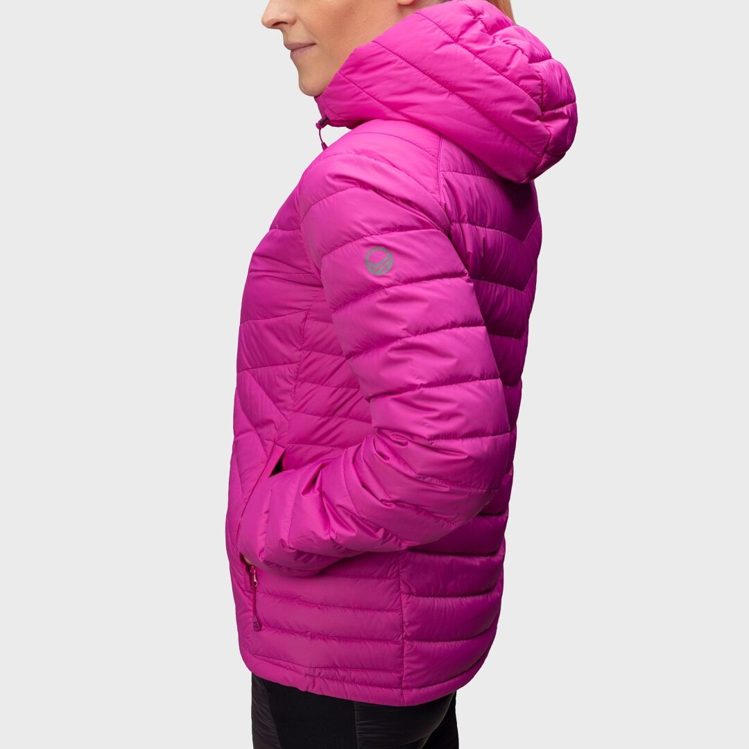 A woman wears the Halti Huippu Down Jacket in bright pink with a hood, shown from the side against a plain background.