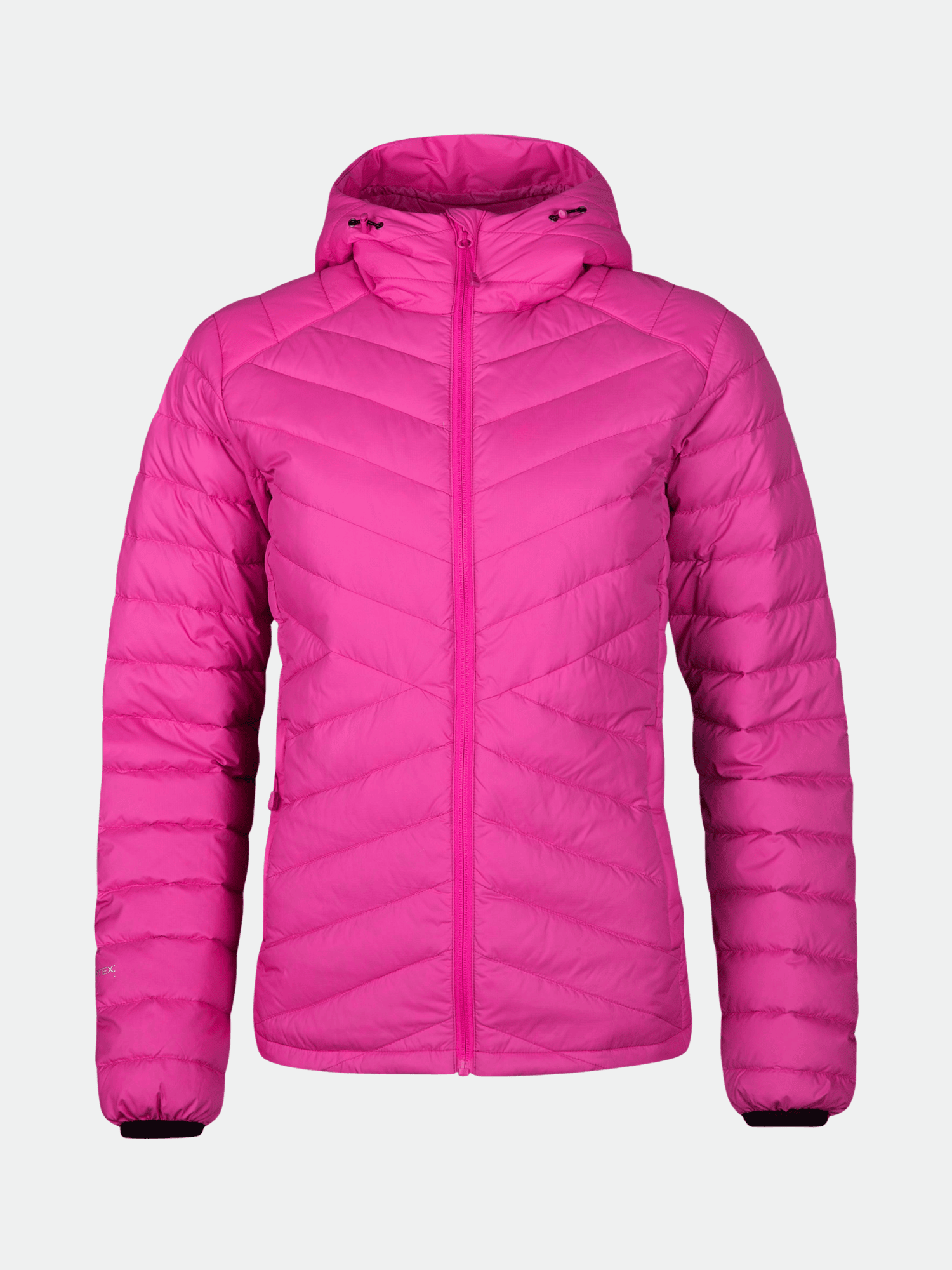 Halti Huippu Down Jacket Women's: bright pink, lightweight, hooded, Pertex Quantum ripstop, front zipper.