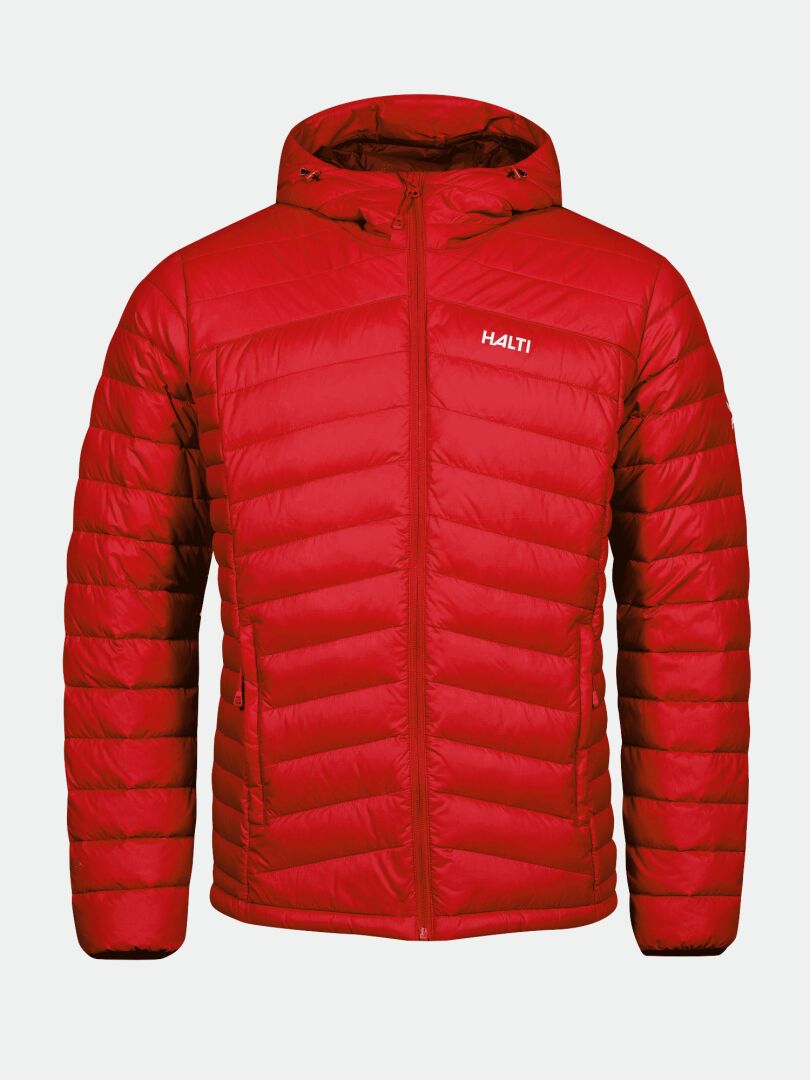 Halti Huippu Down Jacket Men’s: red, hooded, front zipper, side pockets, Halti logo on left chest.