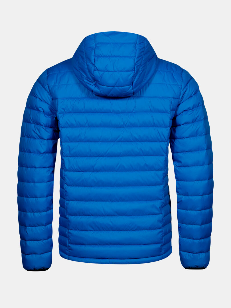 The Halti Huippu Down Jacket Men’s, in bright blue with a hood, is shown from the back on a light background.