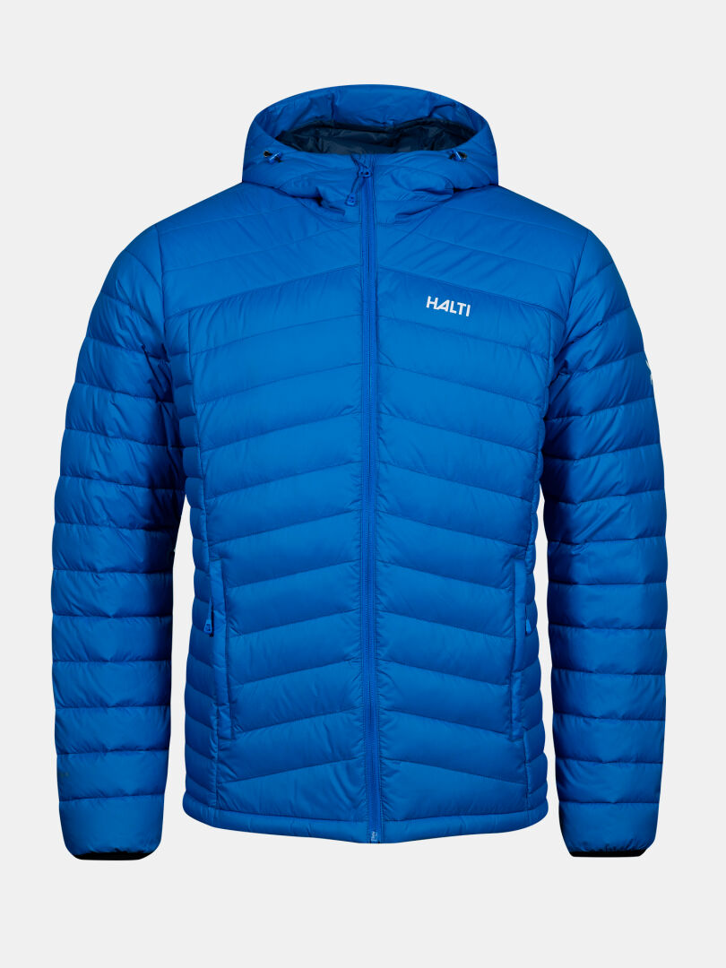 The Halti Huippu Down Jacket Men’s in bright blue, featuring a chest logo, is shown on a plain white background.