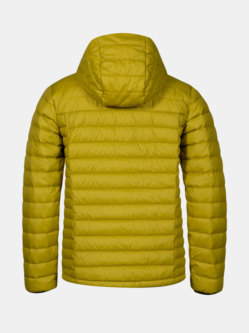 The Halti Huippu Down Jacket Men’s in yellow, hooded and lightweight, shown from the back on a white background.