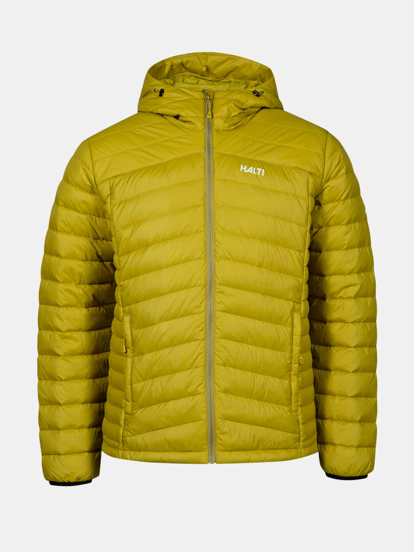 Halti Huippu Down Jacket Men’s in lime green with hood, front zipper, and side pockets, shown on plain background.