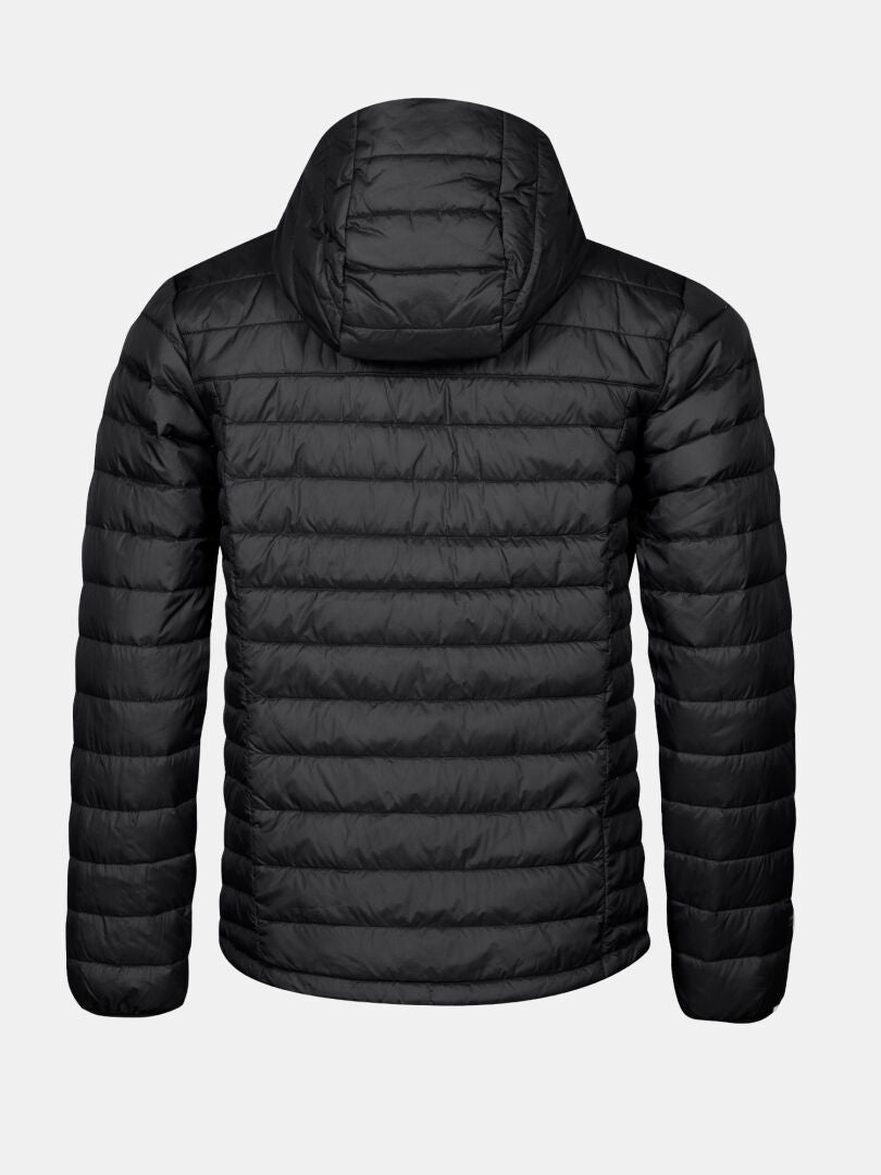 Halti Huippu Down Jacket Men’s in black with hood, packable, shown from the back on a light gray background.