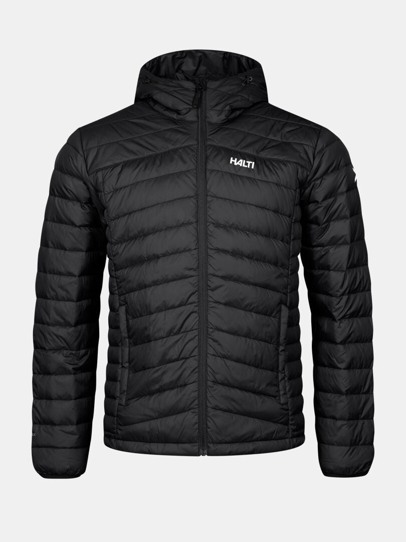 Halti Huippu Down Jacket Men’s, black with hood, front zipper, and chest logo, shown on a plain background.