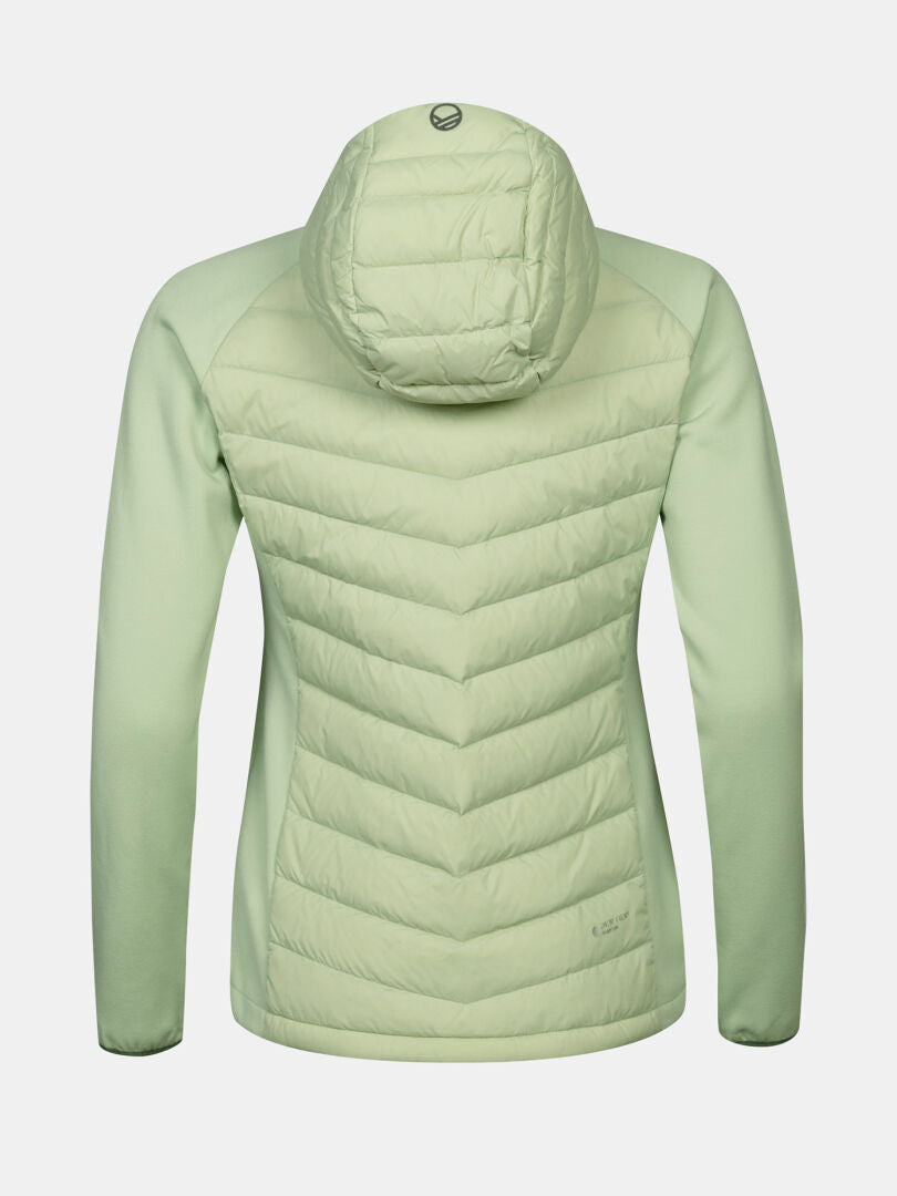 Halti Huippu Hybrid Down Jacket Womens in light green, with quilted panels, hood, and Pertex Quantum Ripstop, back view.