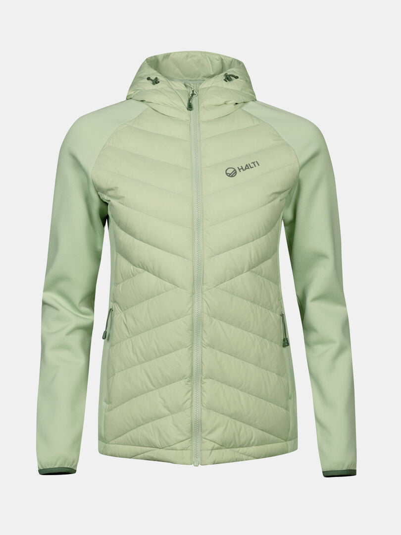 Halti Huippu Hybrid Down Jacket Womens in light green with RDS duck down, quilted front, zip closure, and chest logo.