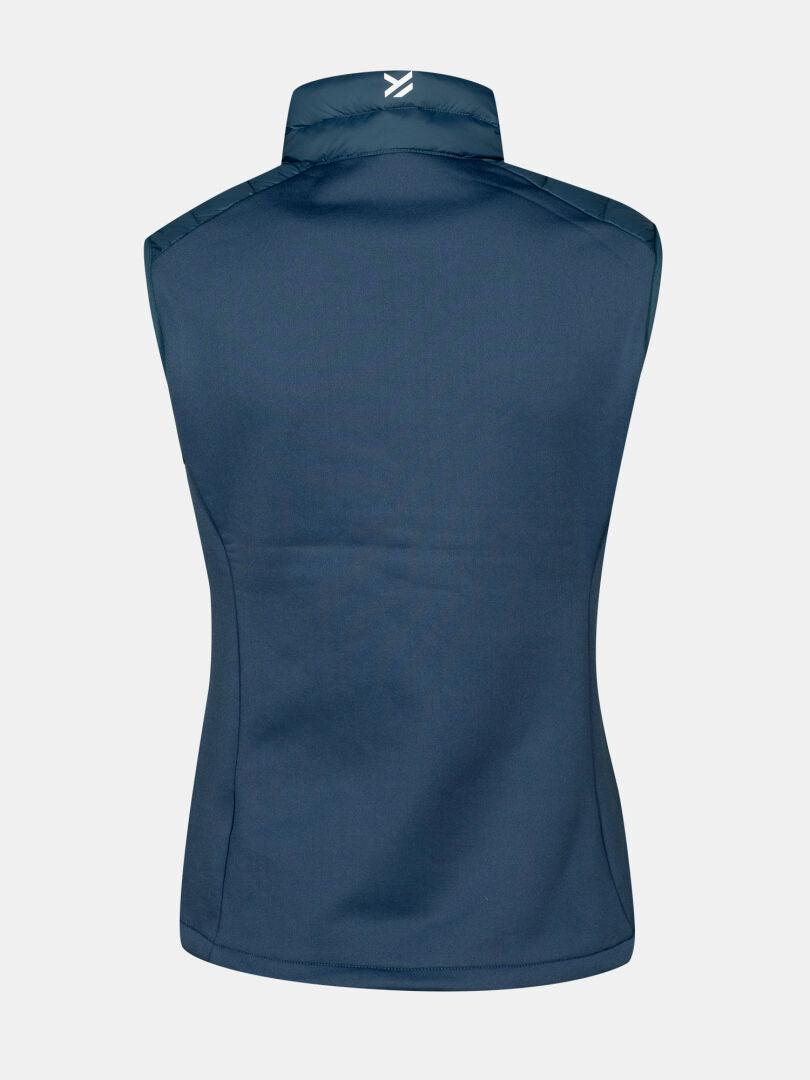The Halti Huippu Hybrid Down Vest Womens in navy Pertex Quantum is shown from the back with a high collar and white logo.