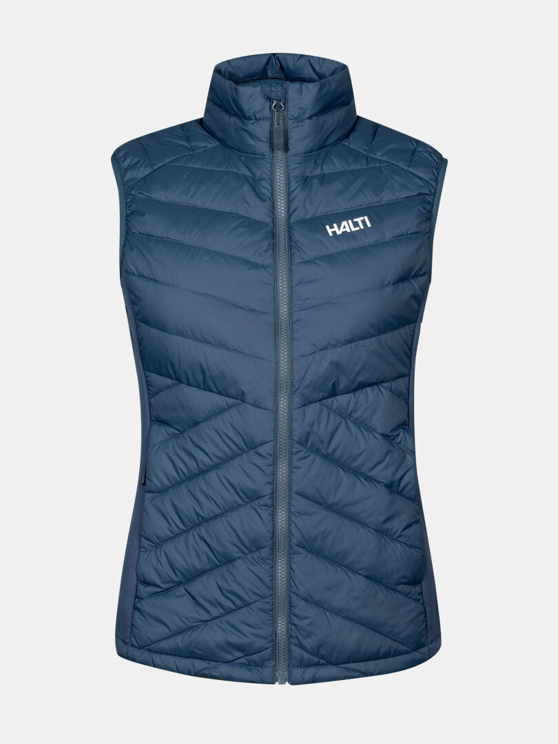 Halti Huippu Hybrid Down Vest Womens: blue, sleeveless, Pertex Quantum Ripstop, front zip, Halti logo on chest.