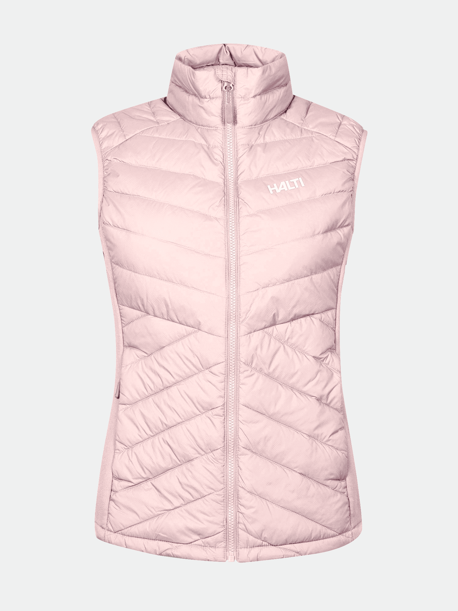 Halti Huippu Hybrid Down Vest Womens in light pink with Pertex Quantum Ripstop, front zipper, and chest logo.