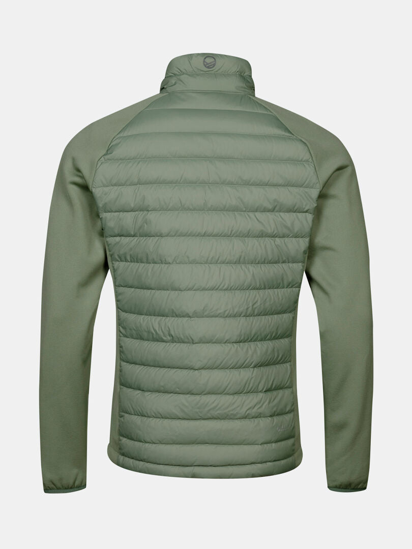 The Halti Huippu Hybrid Down Jacket Mens in light green is shown from the back, with solid sleeves and a stand collar.