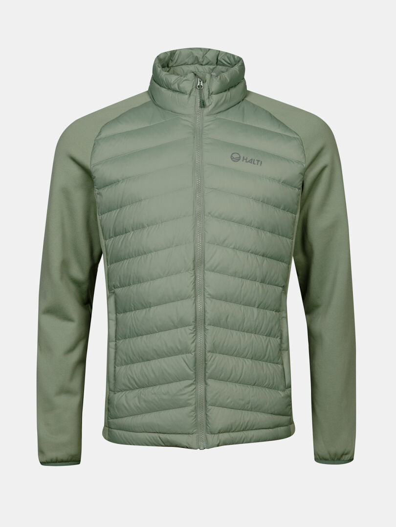 Halti Huippu Hybrid Down Jacket Mens in light green with quilted front and sleeves, shown on plain background.