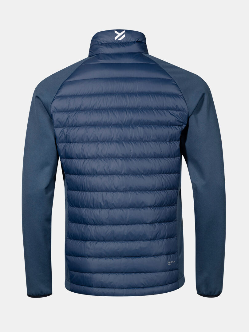 Halti Huippu Hybrid Down Jacket Mens in navy blue, solid sleeves, high collar, back view on plain background.