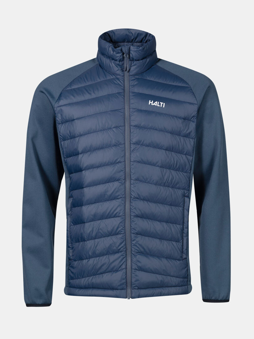 Halti Huippu Hybrid Down Jacket Mens, blue, with quilted front/sleeves and Halti logo on left chest.