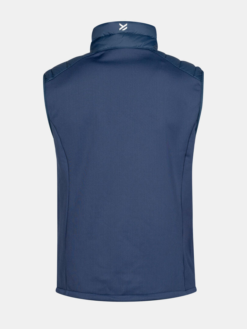 The Halti Huippu Down Vest Men’s in navy blue, packable, shown from the back on a plain light background.