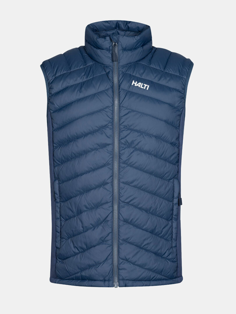 The Halti Huippu Down Vest Men’s is a blue quilted Pertex Quantum vest with a front zip and logo on the left chest.