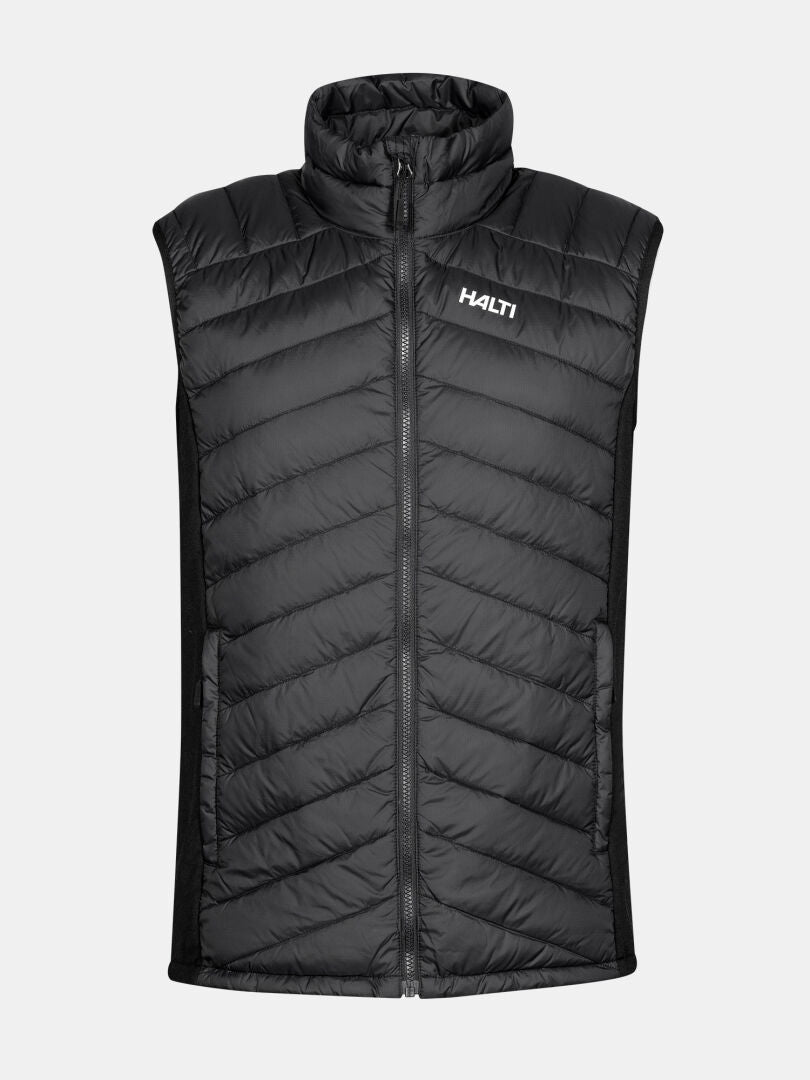 The Halti Huippu Down Vest Men’s in black features a sleeveless Pertex Quantum Ripstop design and front zipper.