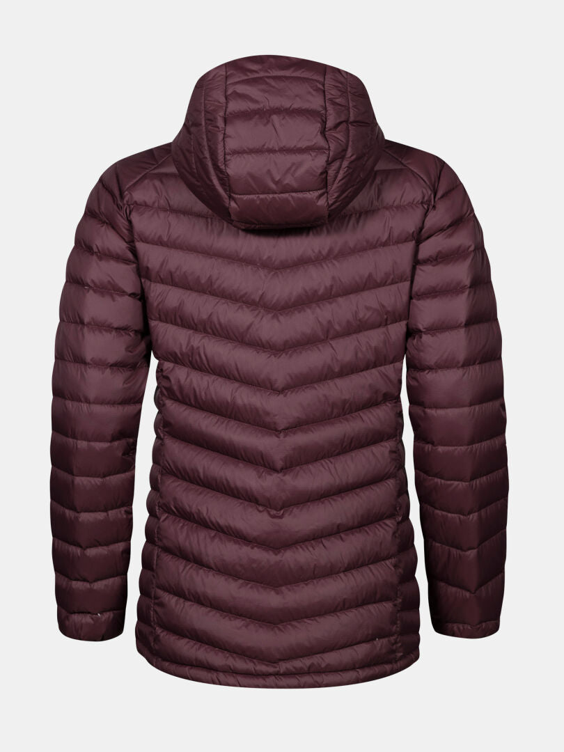Halti Huippu Mid Down Jacket Womens in maroon, lightweight Pertex Quantum Ripstop, hooded, back view on white background.