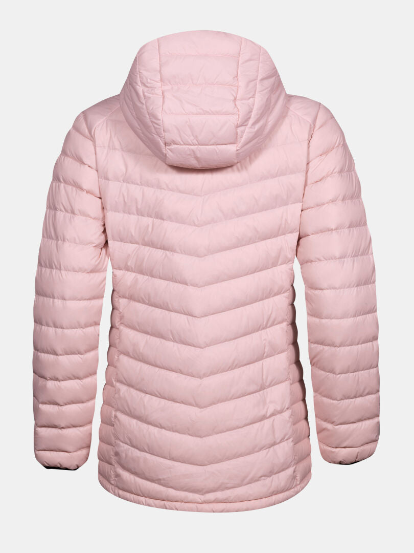 Halti Huippu Mid Down Jacket Womens in light pink, hooded; lightweight for year-round warmth, shown from the back.