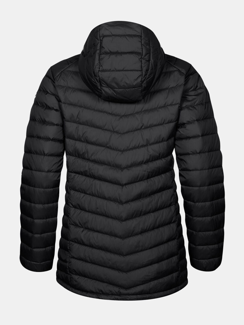 Halti Huippu Mid Down Jacket Womens—black, hooded, lightweight down with Pertex Quantum Ripstop, shown from the back.