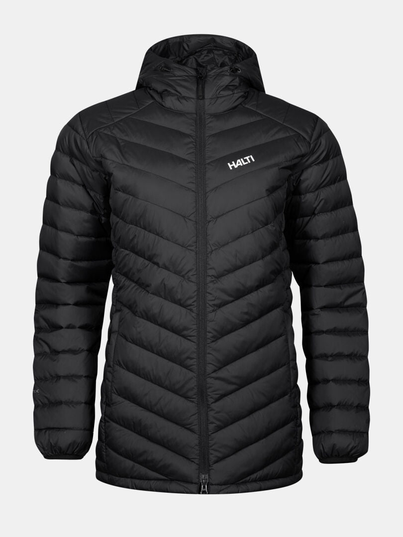 Halti Huippu Mid Down Jacket Womens: black quilted hooded puffer, Pertex Quantum Ripstop, zip, logo on chest.