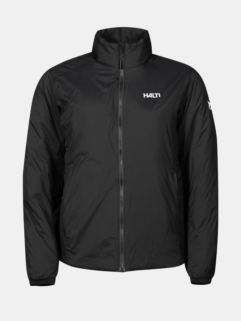 The Halti Haave Primaloft Insulation Jacket Women's, black with long sleeves and logos, is shown on a plain background.