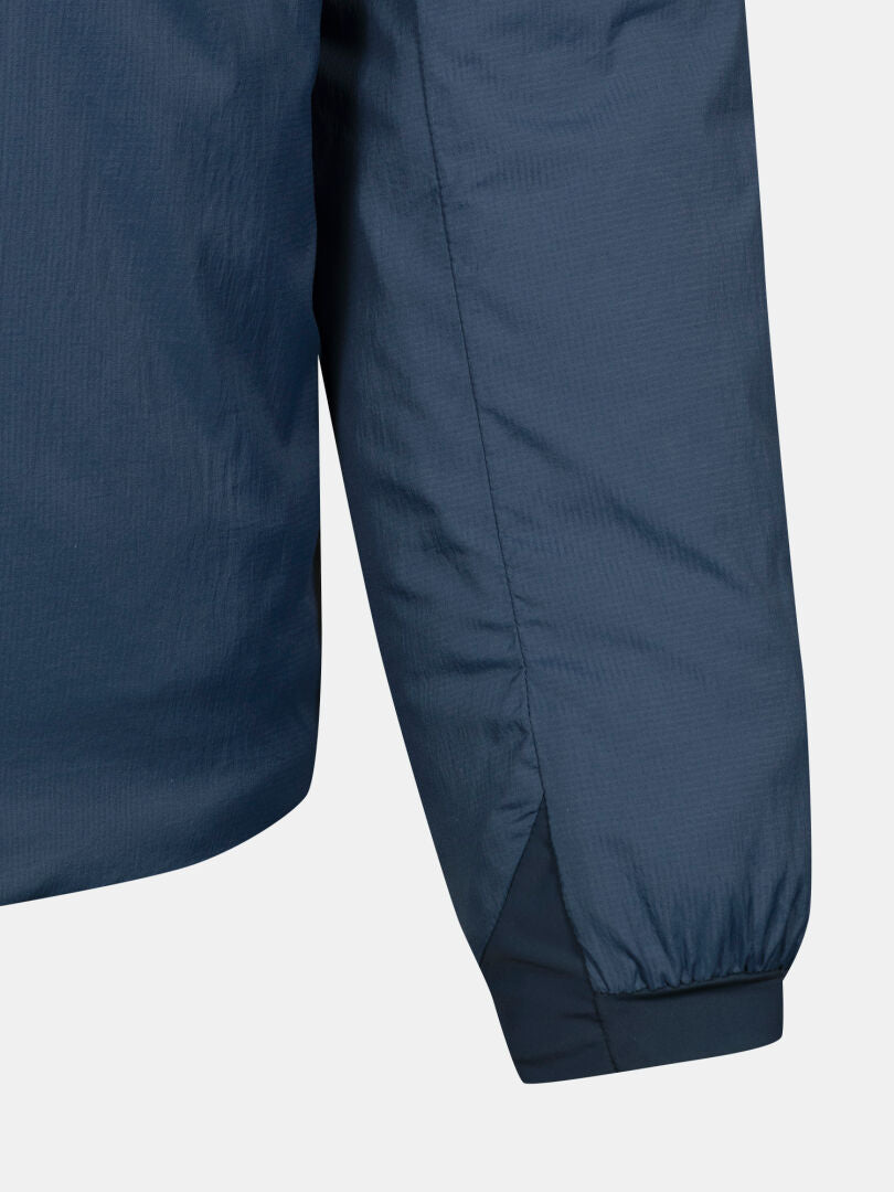 Close-up of Halti Haave Insulation Primaloft Jacket Men's in navy blue ripstop with elastic cuff, on white background.