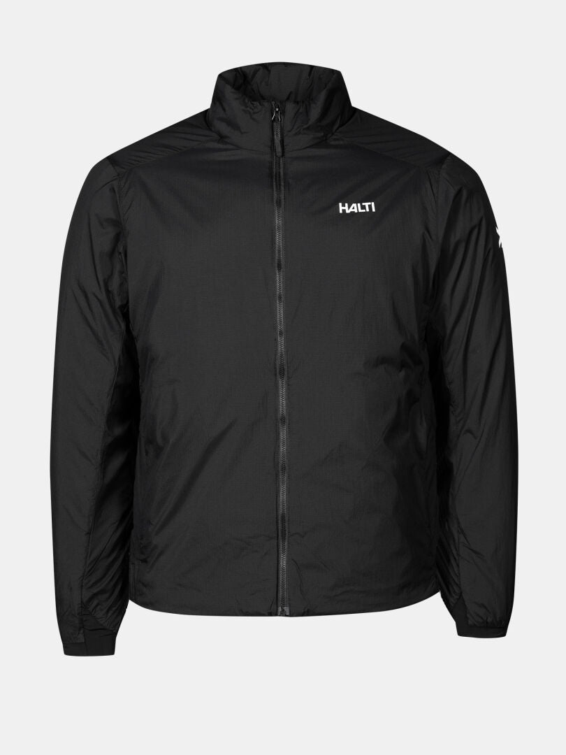 The Haave Insulation Primaloft Jacket Men's by Halti is a black ripstop jacket with a high collar, shown on white.