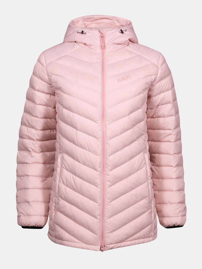 Halti Huippu Mid Down Jacket Womens Plus in light pink with hood, front zipper, and chevron quilting on plain background.