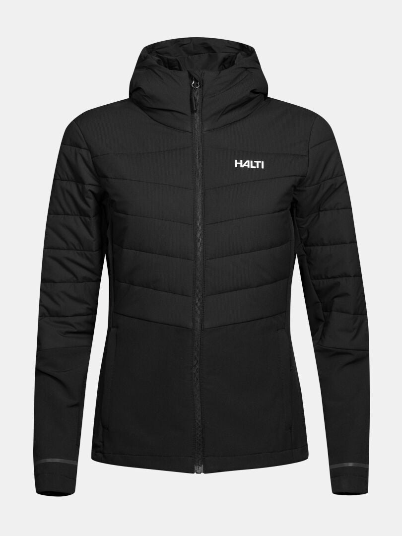 Halti Valimo Hybrid Insulation Jacket Women’s—black, hooded, front zip, ideal for layering; shown on plain background.