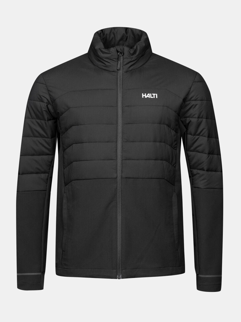 Halti Valimo Hybrid Men’s Jacket: black, quilted, zip-up with long sleeves, high collar, and chest logo.