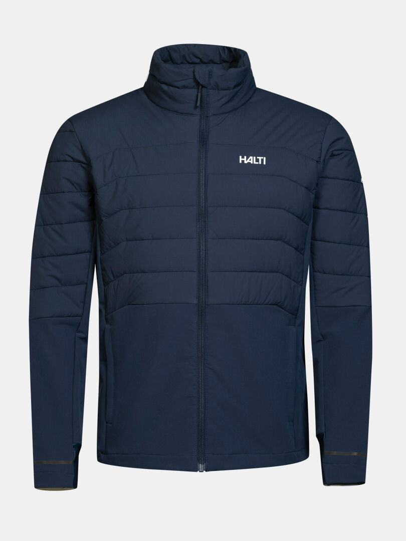 Halti Valimo Hybrid Insulation Jacket for men with quilted chest, stand collar, and logo on left chest. Navy blue.