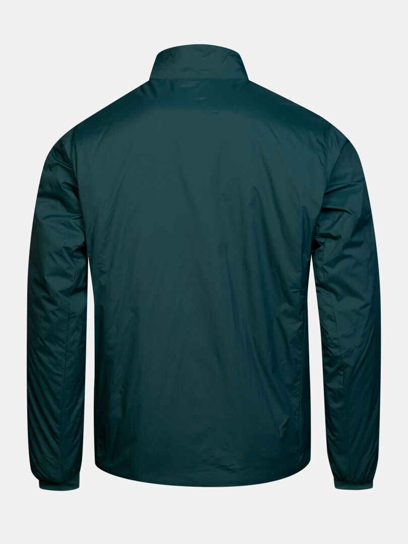 Back view of a dark green Haave 40 Primaloft Jacket Men’s, a lightweight insulated jacket with a high collar.