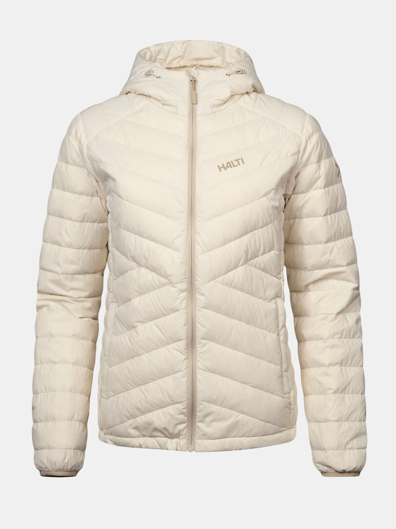 Off-white Halti Huippu Untuvia Down Jacket Women’s with a hood, front zipper, chevron quilting, and lightweight design.