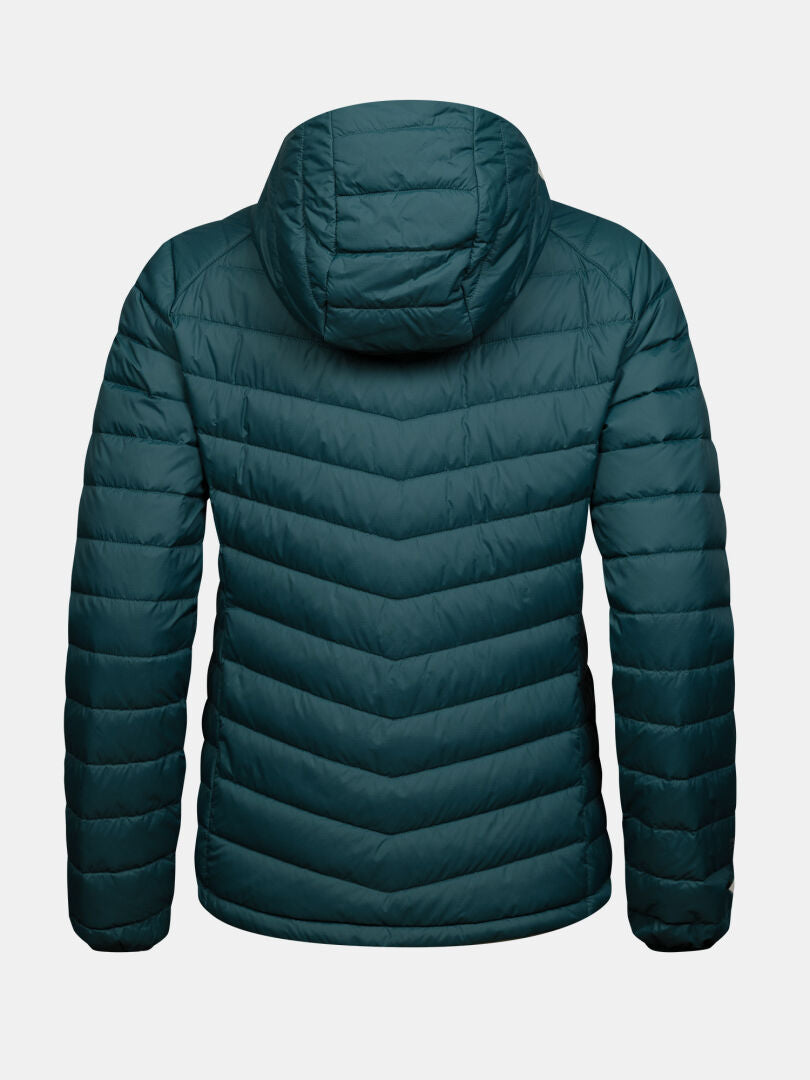 Back view of a dark teal, quilted lightweight Halti Huippu Untuvia Down Jacket Women’s with a hood.