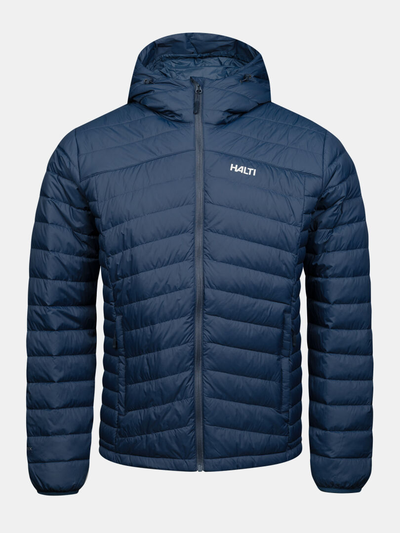 Huippu Untuvia Down Jacket Men’s in navy blue, featuring a lightweight quilted design, hood, and front zipper.