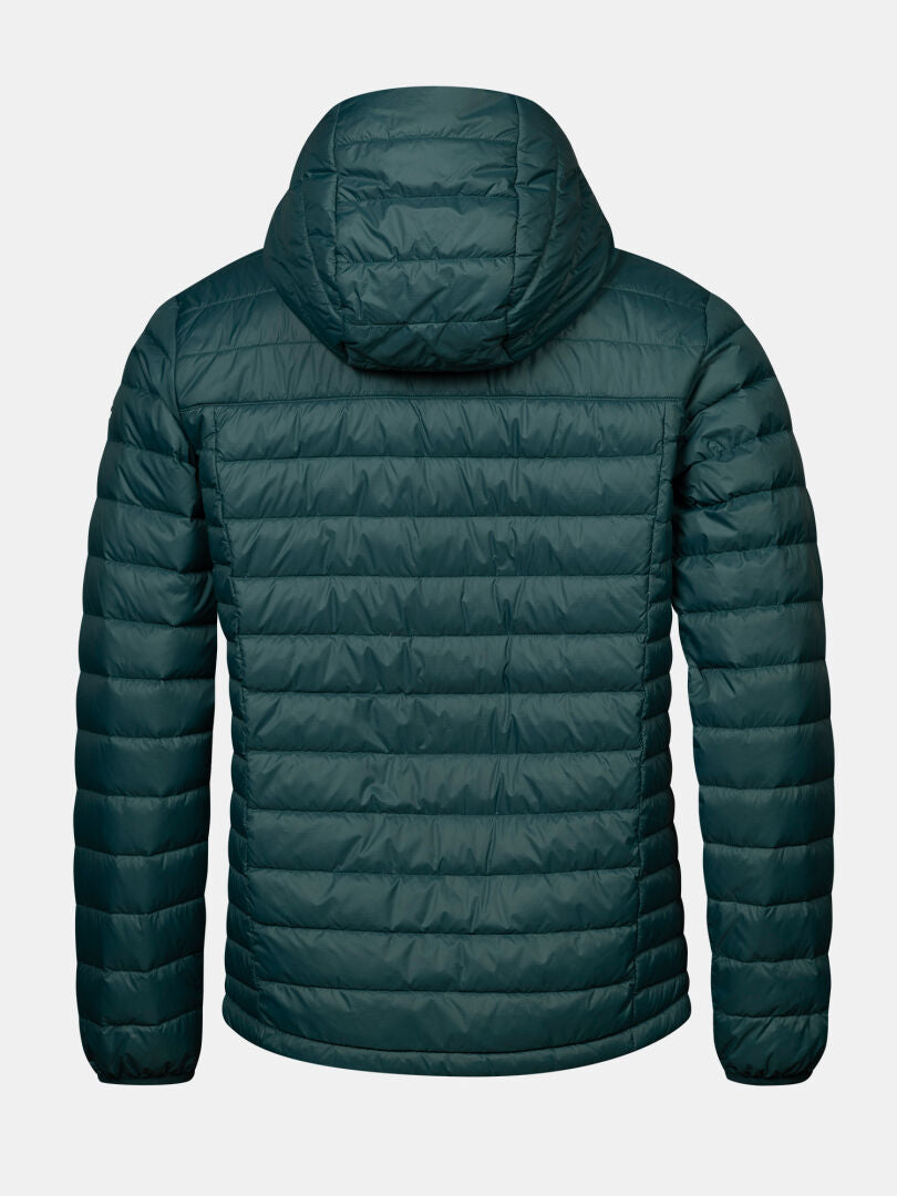 Back view of a dark green, lightweight Huippu Untuvia Down Jacket Men’s featuring a hood and horizontal quilting.
