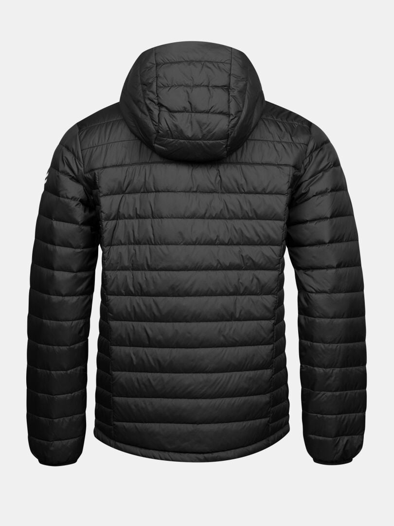 Back view of a black, lightweight, quilted Halti Huippu Untuvia Down Jacket Men’s with a hood.
