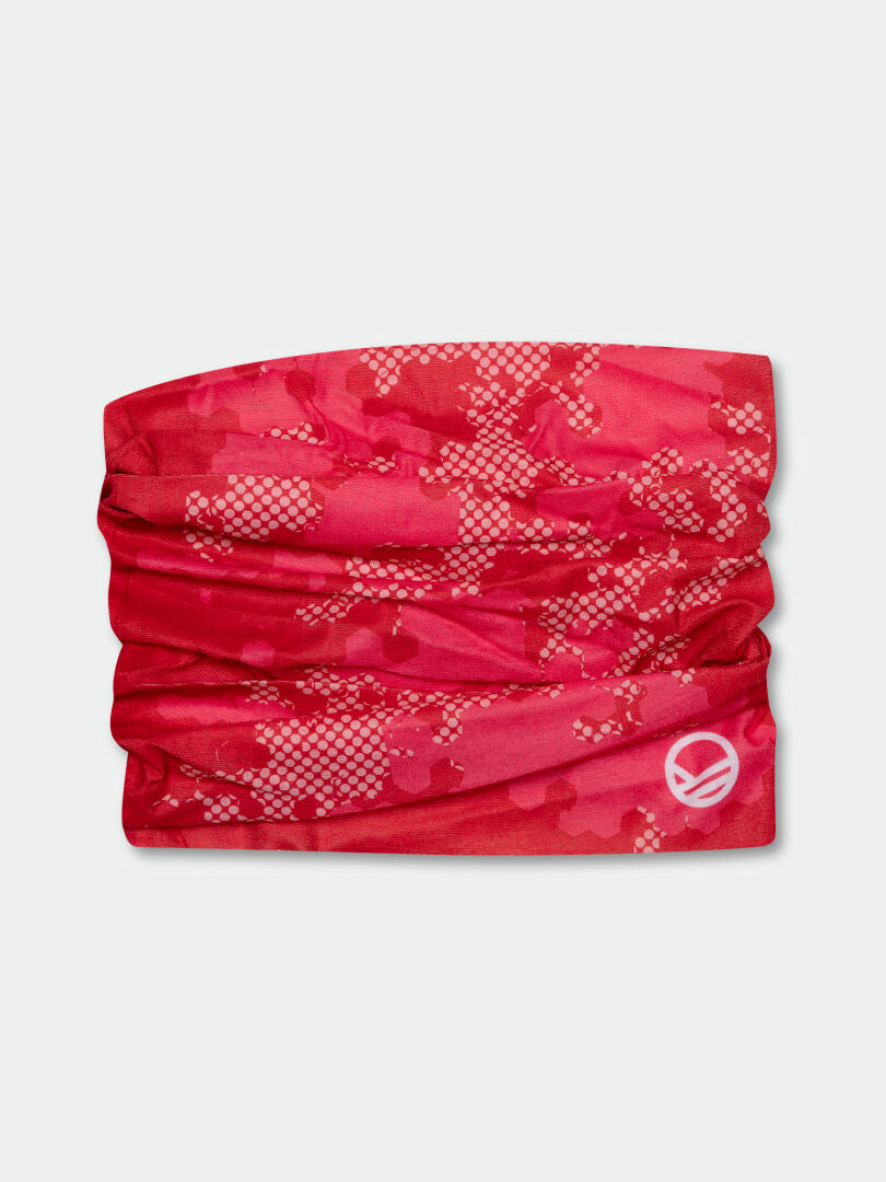 The Halti Pallas Tube Scarf is a red, soft polyester camo scarf featuring a small white logo.