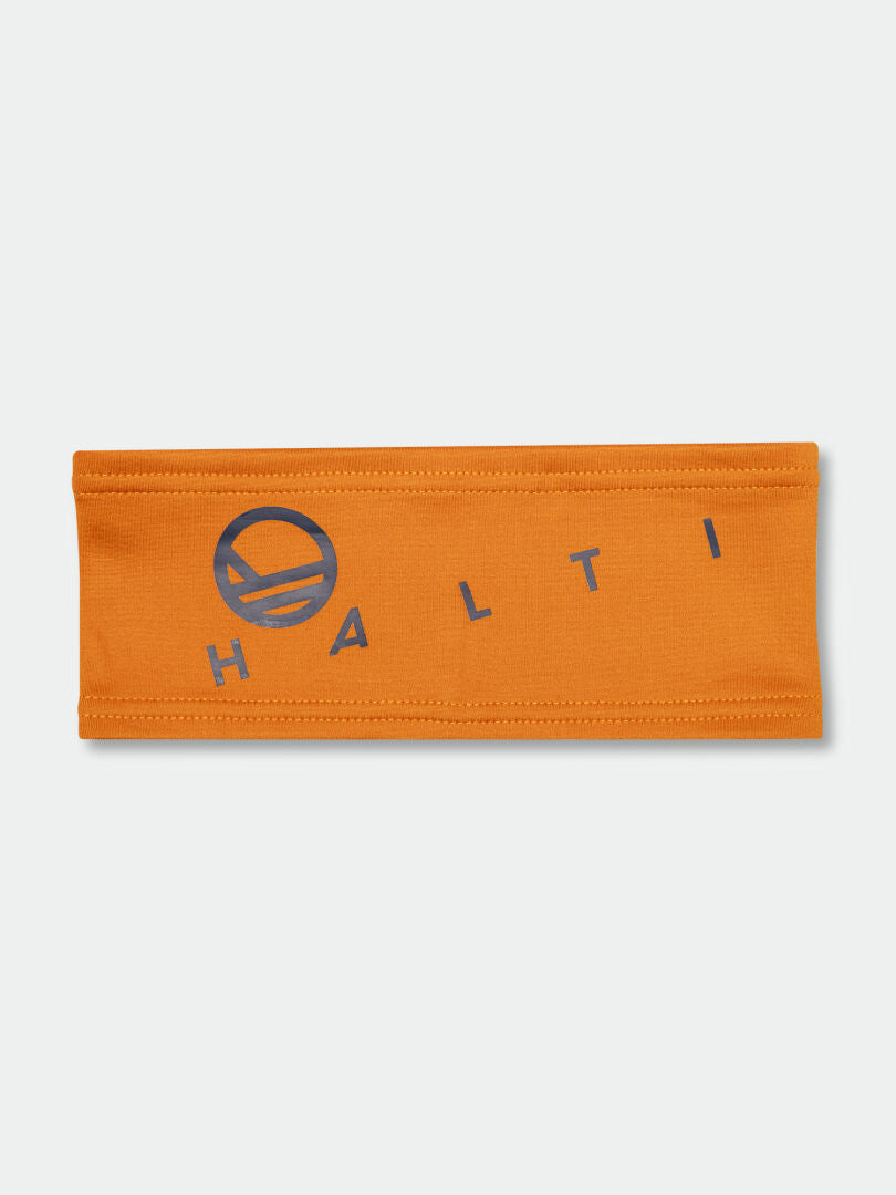 The Kara Band by Halti is an orange sporty headband with a dark blue circular logo, made from comfy material.