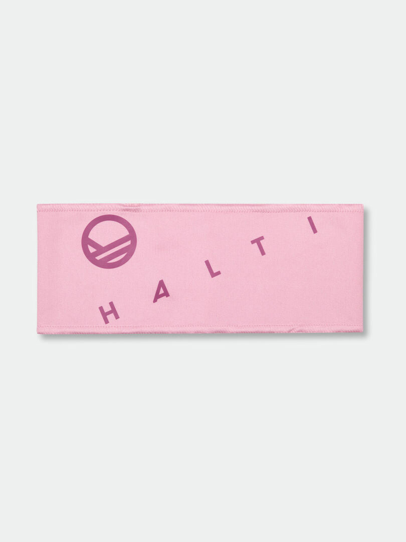 The Kara Band by Halti is a pink sporty headband with a purple logo, made for comfort during outdoor activities.