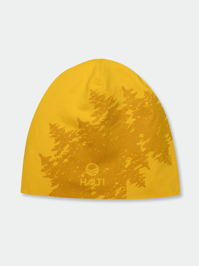 Haltis Laava Beanie: a stretchy yellow beanie with a subtle tree pattern and Halti logo near the bottom center.