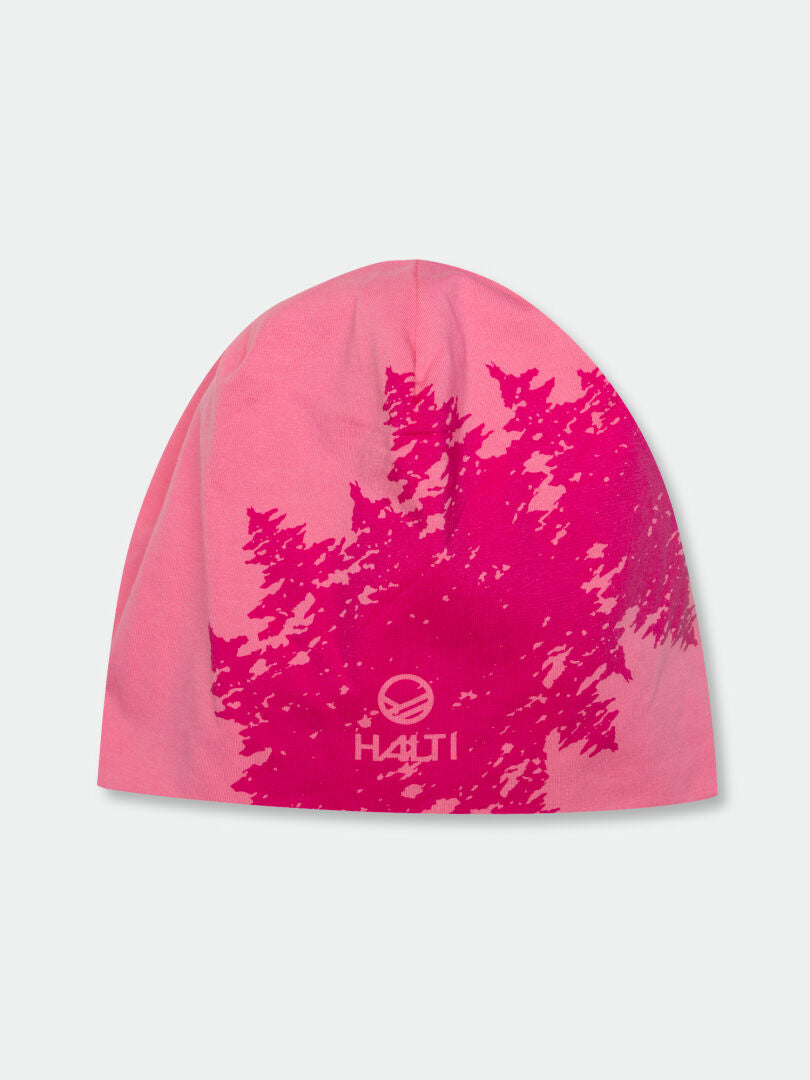 Laava Beanie by Halti: pink, features a darker pink tree, white H4ITI logo, and stretchy for outdoor activities.