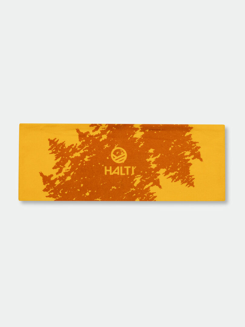 The Halti Laava Band is a sporty yellow headband with an orange abstract pattern, ideal for outdoor activities.