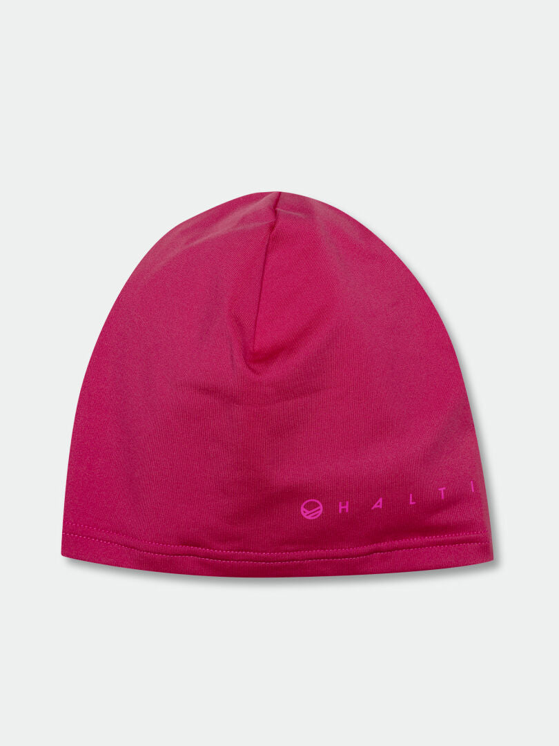 The Halti Niva Beanie is a pink sporty tricot beanie with a small logo, ideal for outdoor activities.