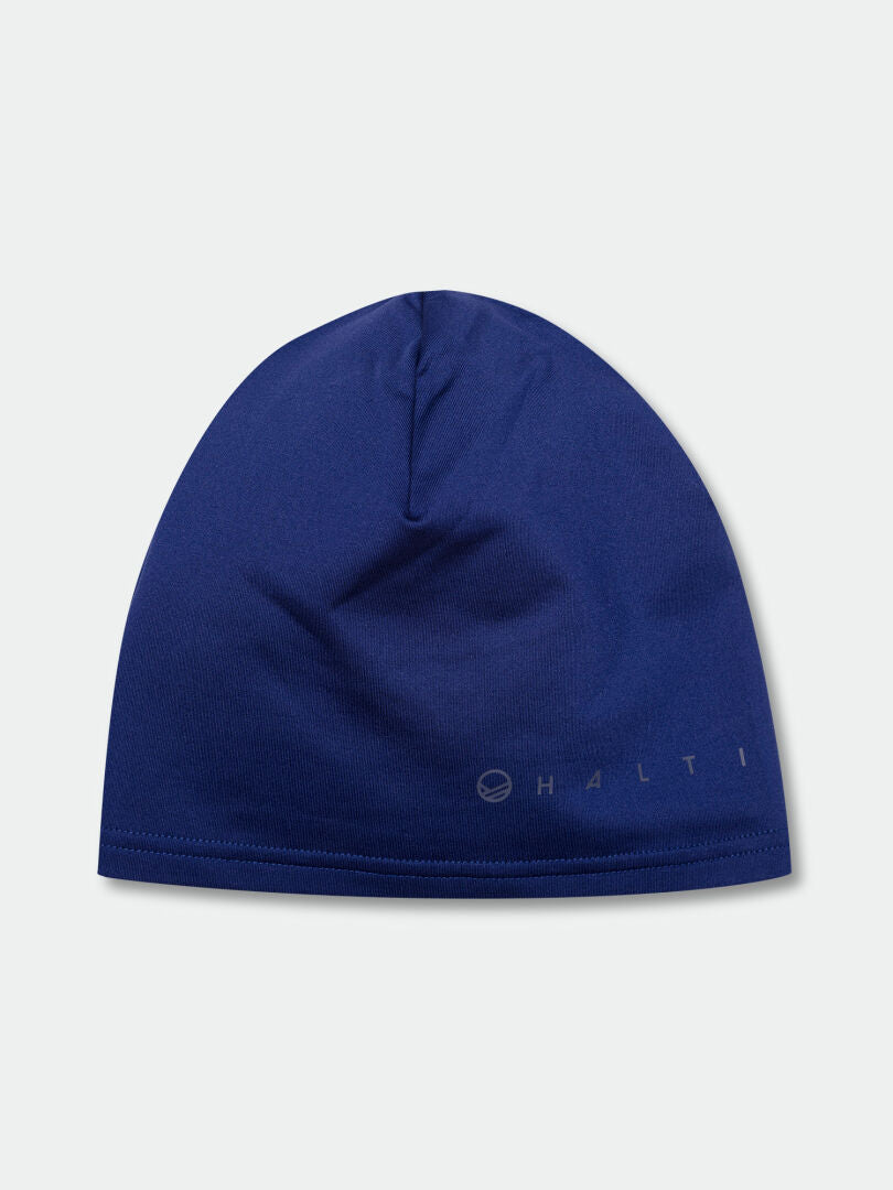The Halti Niva Beanie is a blue sporty tricot hat with a small logo, ideal for outdoor activities on chilly days.