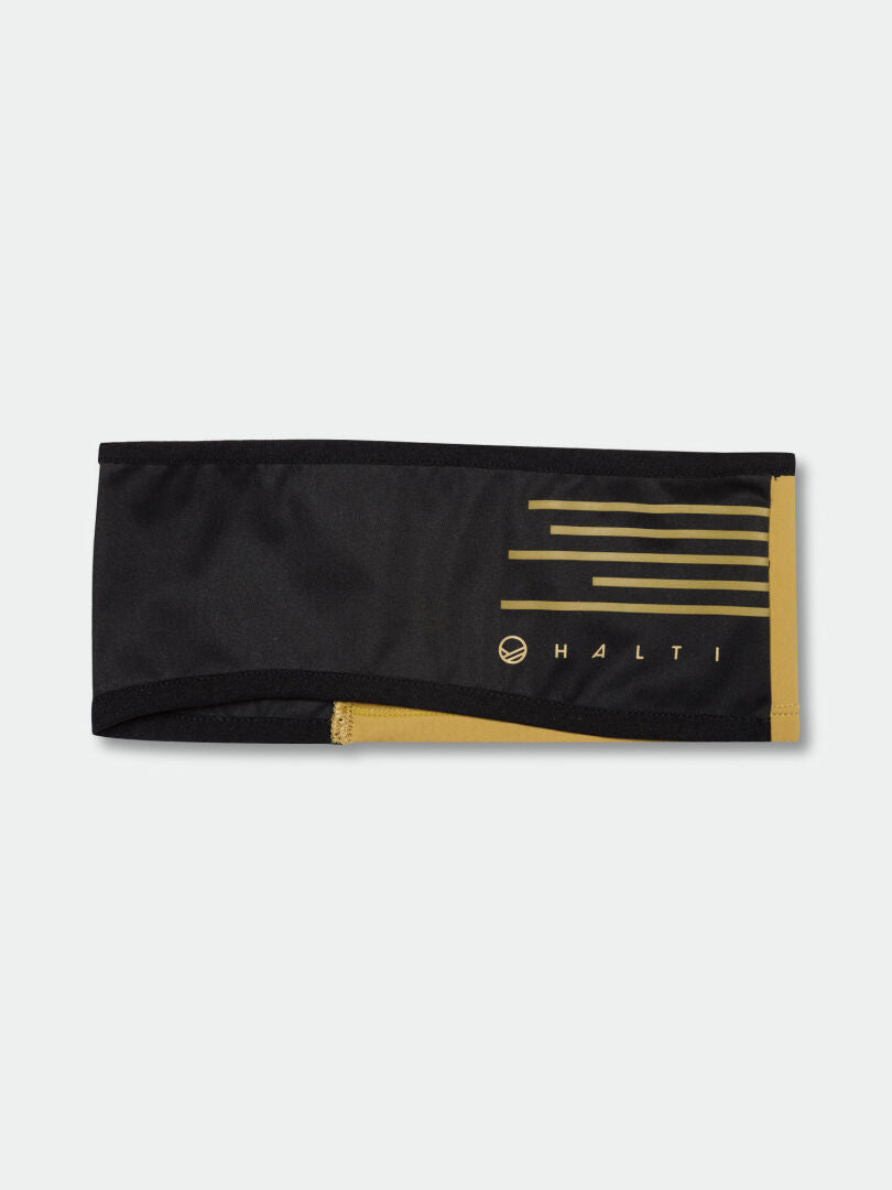 The Halti Veloce Band is a black and yellow lightweight headband with stripes, shown flat on a white background.